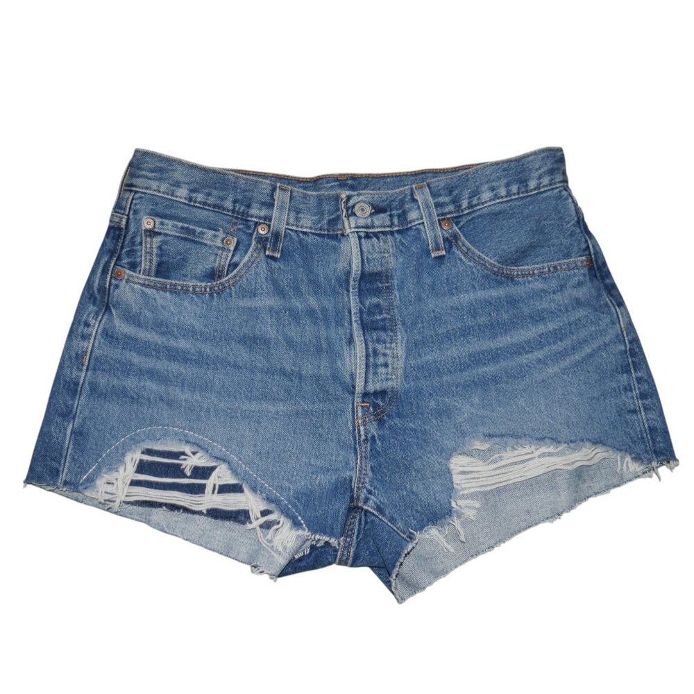 Levis 501 Cut Off Denim Booty Shorts Womens size 33 High Rise Distressed Jorts